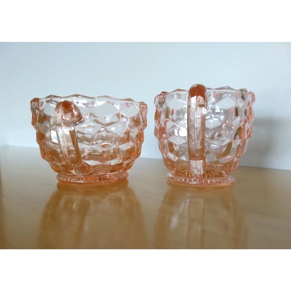 PINK DEPRESSION GLASS Creamer & Sugar Bowl Set Jeanette DIAMOND CUBIST Vintage - Picture 5 of 16